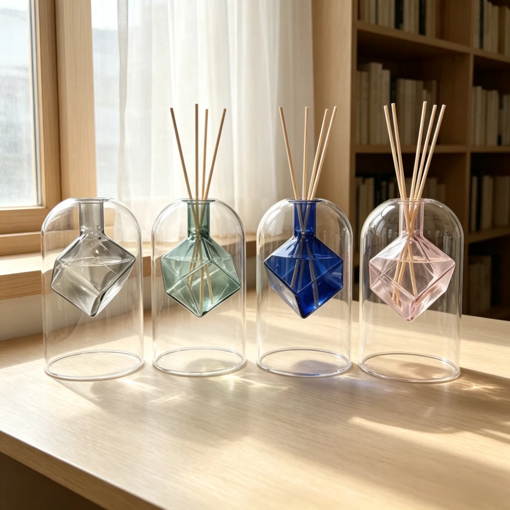 Nordic Style Glass Aromatherapy Bottle Double-layer Reed Diffuser Container Glass Vase Living Room Office Coffee Table Decor
