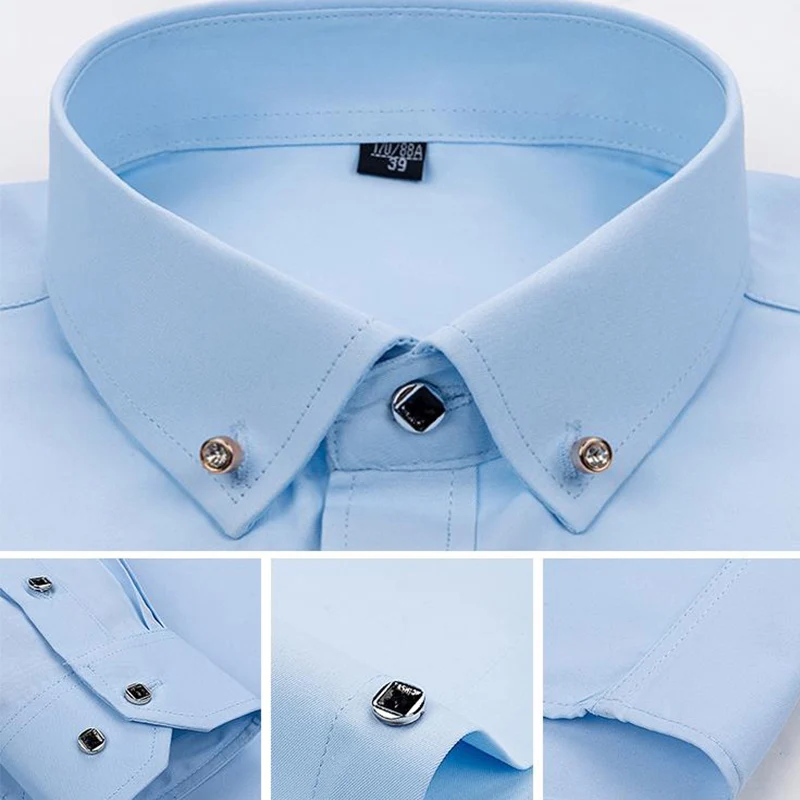 Gran oferta, camisa de vestir de negocios para hombre, moda Formal, fina, clásica, básica, con botones de diamante, camisa blanca Social de manga larga, ropa para hombre