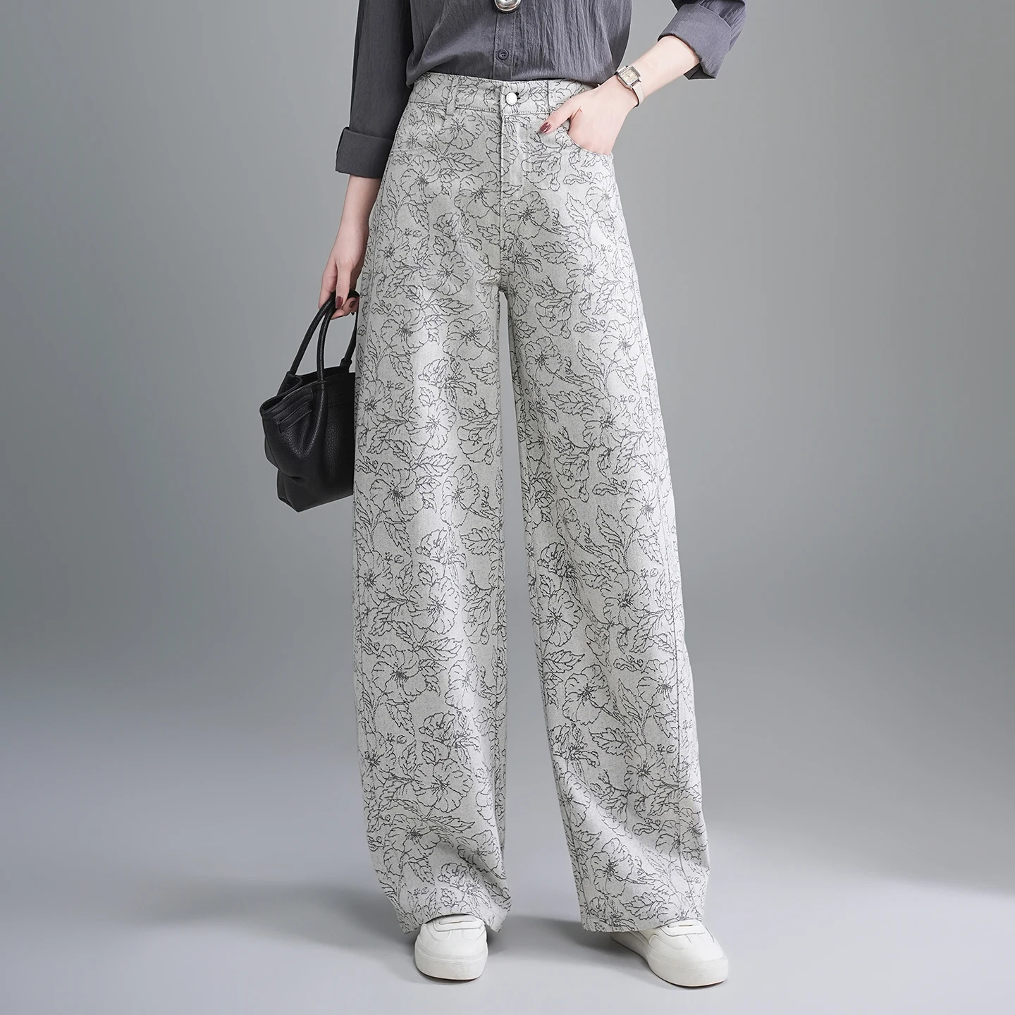 

High Waist Floral Embroidery Wide Leg Jeans Women's Spring 2026 Loose Fit Straight Leg Pants Casual Sle Digital Printing Co...