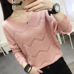 Women Clothing Korean Sexy Hollow V Neck Solid Knitted Sweater 2023 Spring Autumn Casual Long Sleeve Loose Thin Knitwear Jumpers