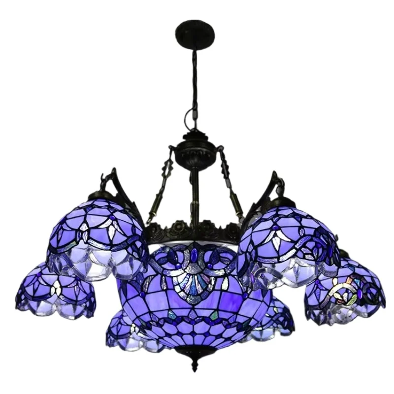 

Deluxe European Stained Glass Lampshade Purple Restaurant Ceiling Chandelier