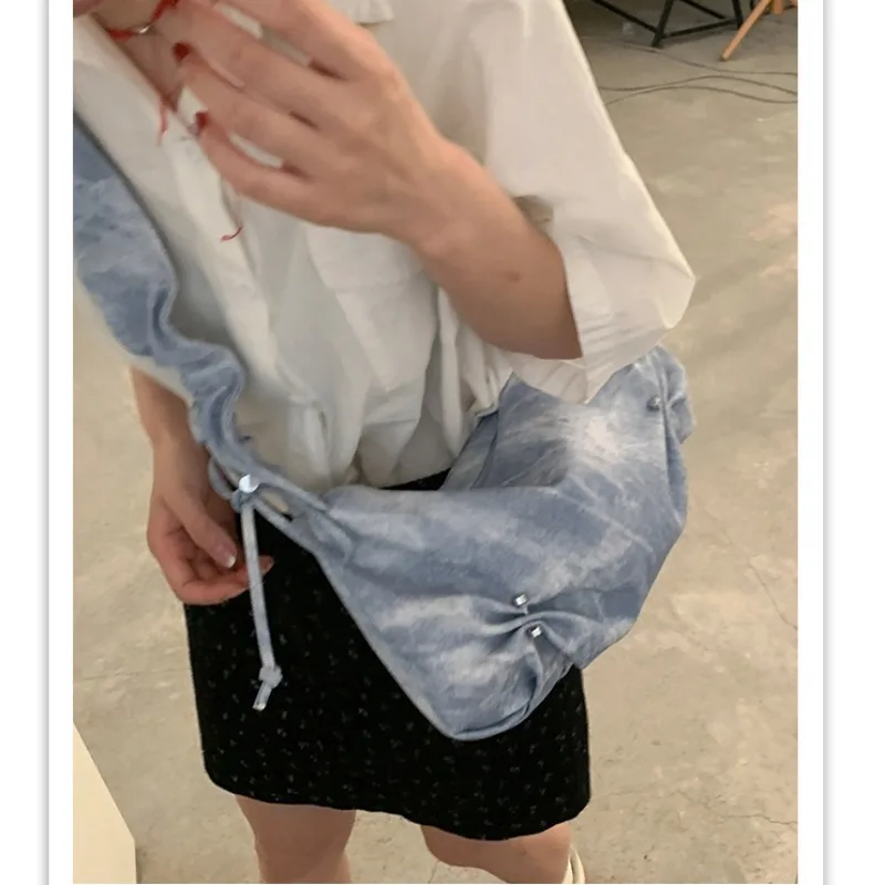 Xiuya Pleated Fashion Womens Shoulder Bag Aesthetic Drawstring Gentle Hobos Bag Literary Leather Female Luxury Designer Handbags