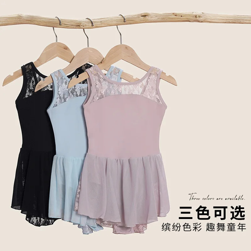 1 unids/lote niños moda encaje gasa patchwork ballet danza leotardo niña sólido verano entrenamiento vestido de baile