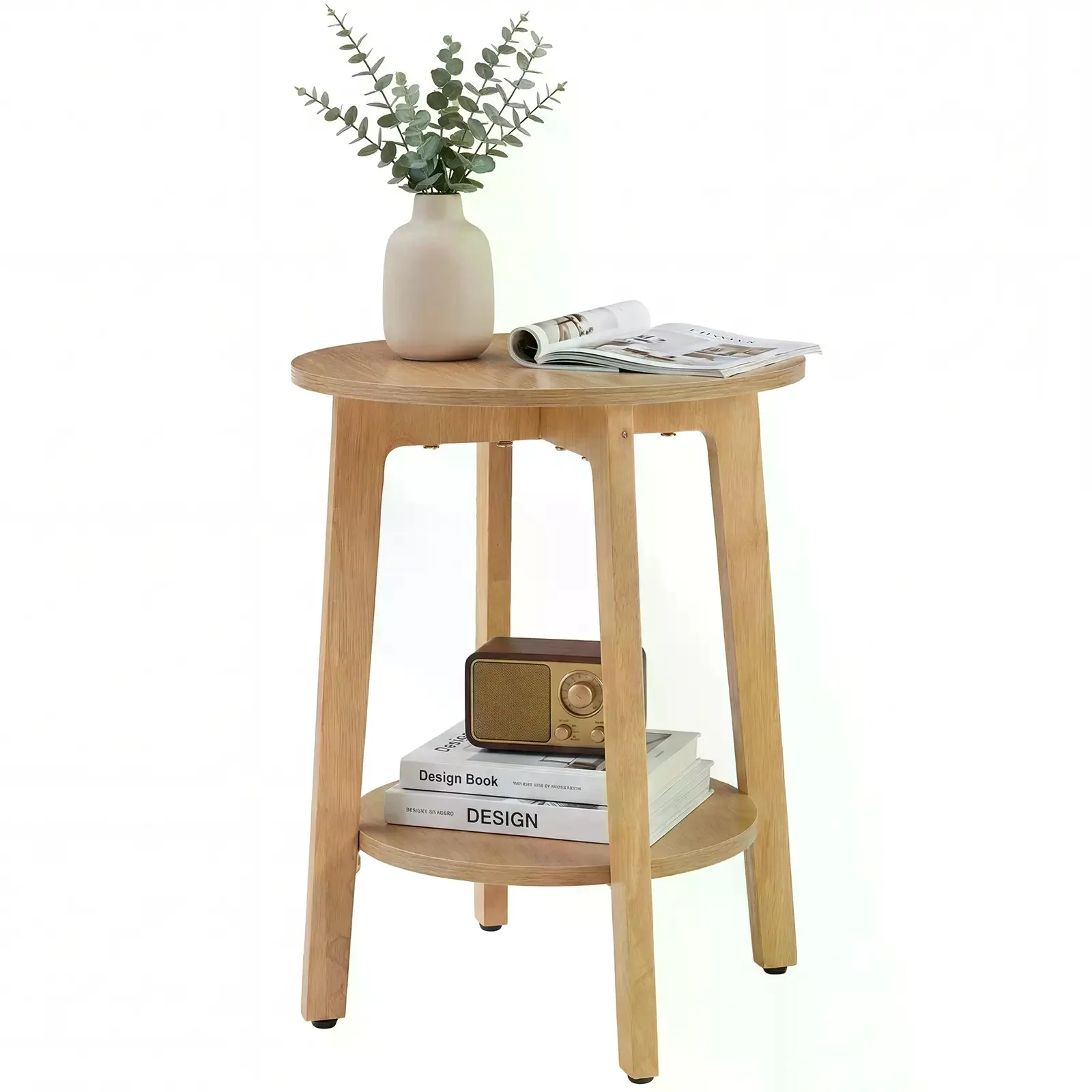 2-Pack 2-Tier Circular Dual-Use Nightstand End Table - 15.75" Diam × 20.28" H Modern Natural Wood Apartment Furniture with Tapered Legs, Curved Transitions, Compact Design, Space Saving for Small Spaces, Home Setup, Minimal Interior