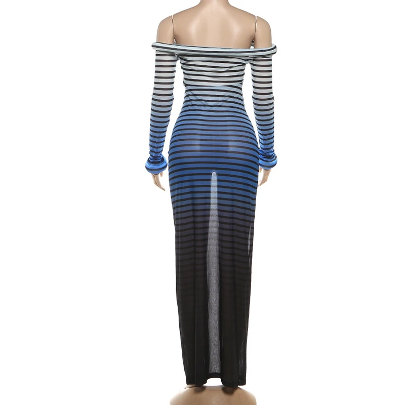 STYLISH LADY Mesh Sheer Striped Off Shoulder High Waist Dress 2025 Autumn Women Slash Neck Bodycon Sexy Club Party Maxi Dresses