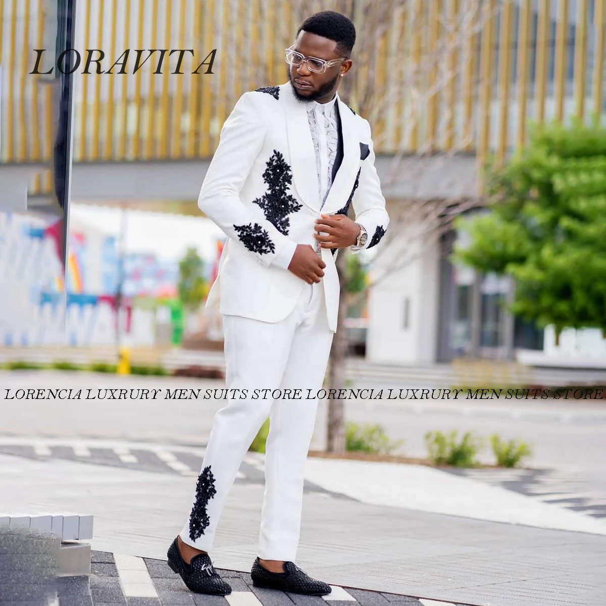 

Customized Stunning Beaded Men Suits Crystal Slim Fit Groom Wedding Tuxedo 2 Piece Set Jacquard Male Prom Blazer Ropa hombre