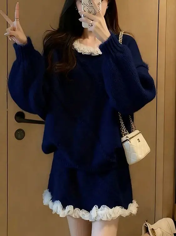 

Ultra-White Ultra-Slimming Knitted Sweater Set Women's New Autumn Winter Floral Lace Collar Top ort Skirt Two-Piece Set