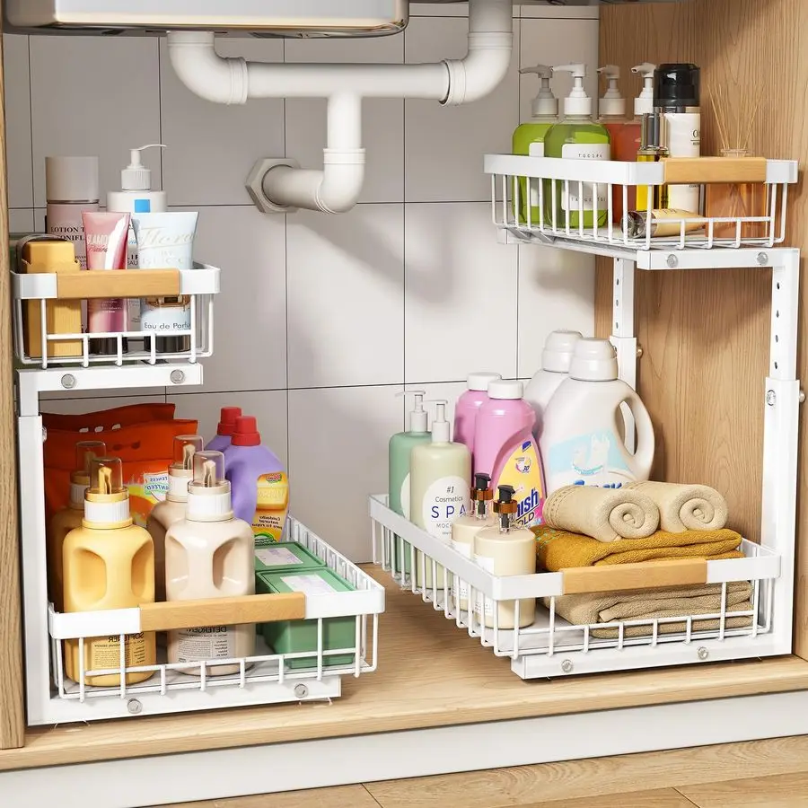 

Under Sink Organizer, Adjustable Height, 2Pack 2 Tier Pull Out Under Cabinet Organizer, Slide Out Thickened Metal Under Sink Sto