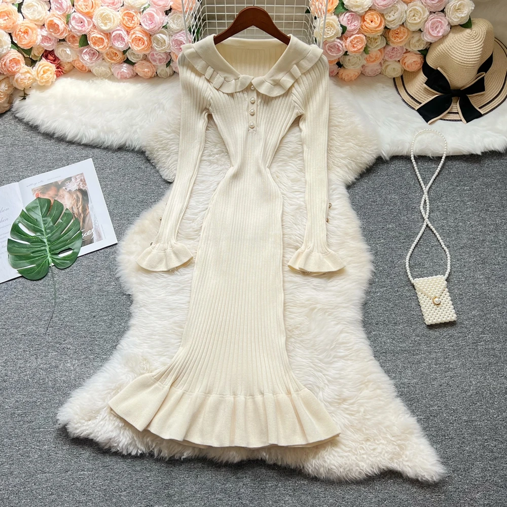 YuooMuoo 유럽 패션 인어 파티 드레스 2026 가을 겨울 긴 소매 슬림 탄성 바디콘 니트 롱 드레스 여성 의류