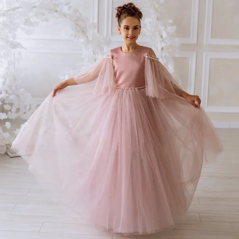 

Pearls Pink Flower Girl Dress O-Neck A-Line Off Shoulder Tulle Floor Length Dresses For Kids First Communion Birthday Party Gown