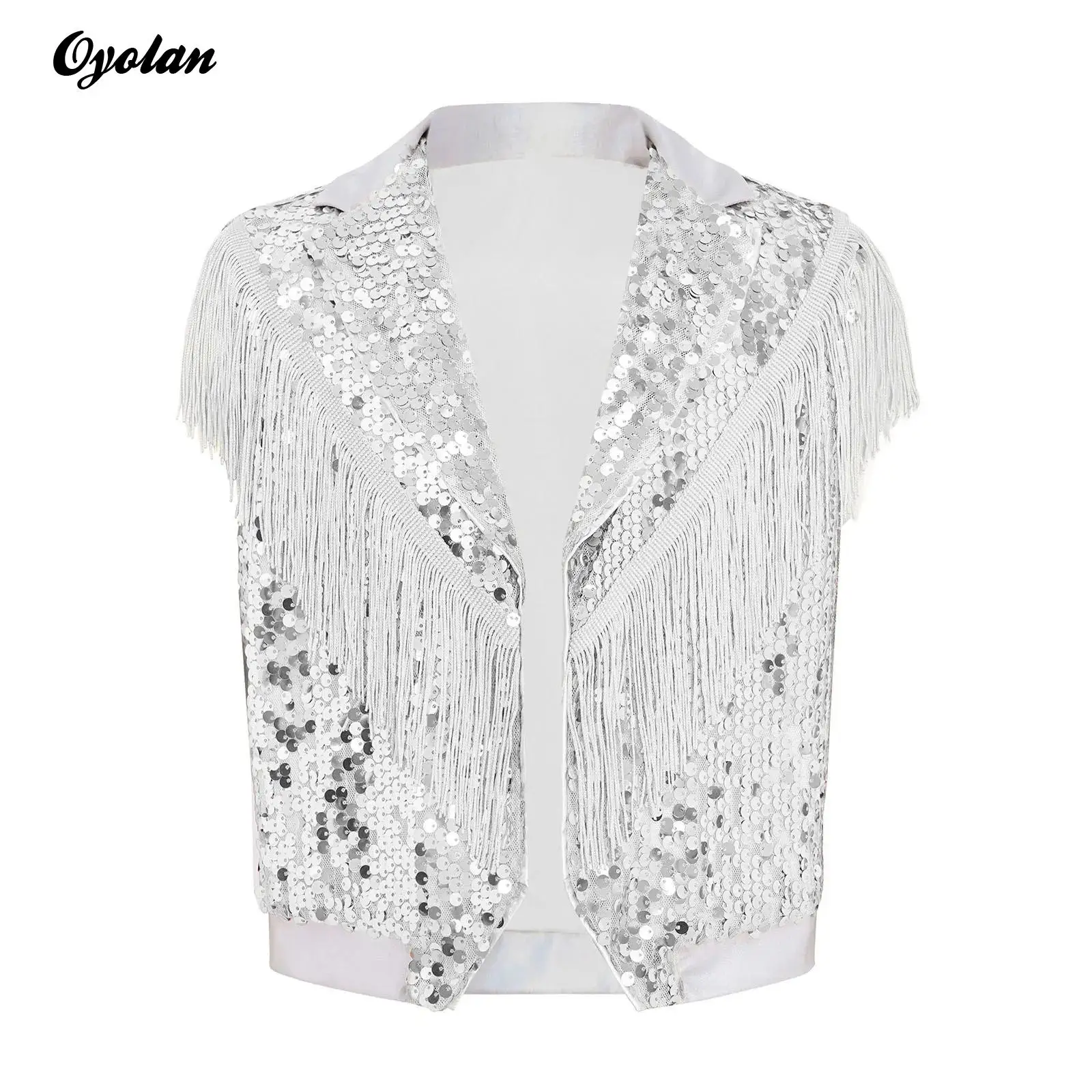 

Kids Boys Sparkling Sequin Vest Lapel Collar Crop Tops Disco Pary Vest Coat Outerwear Dancewear Hip-Hop Jazz Dance Costume