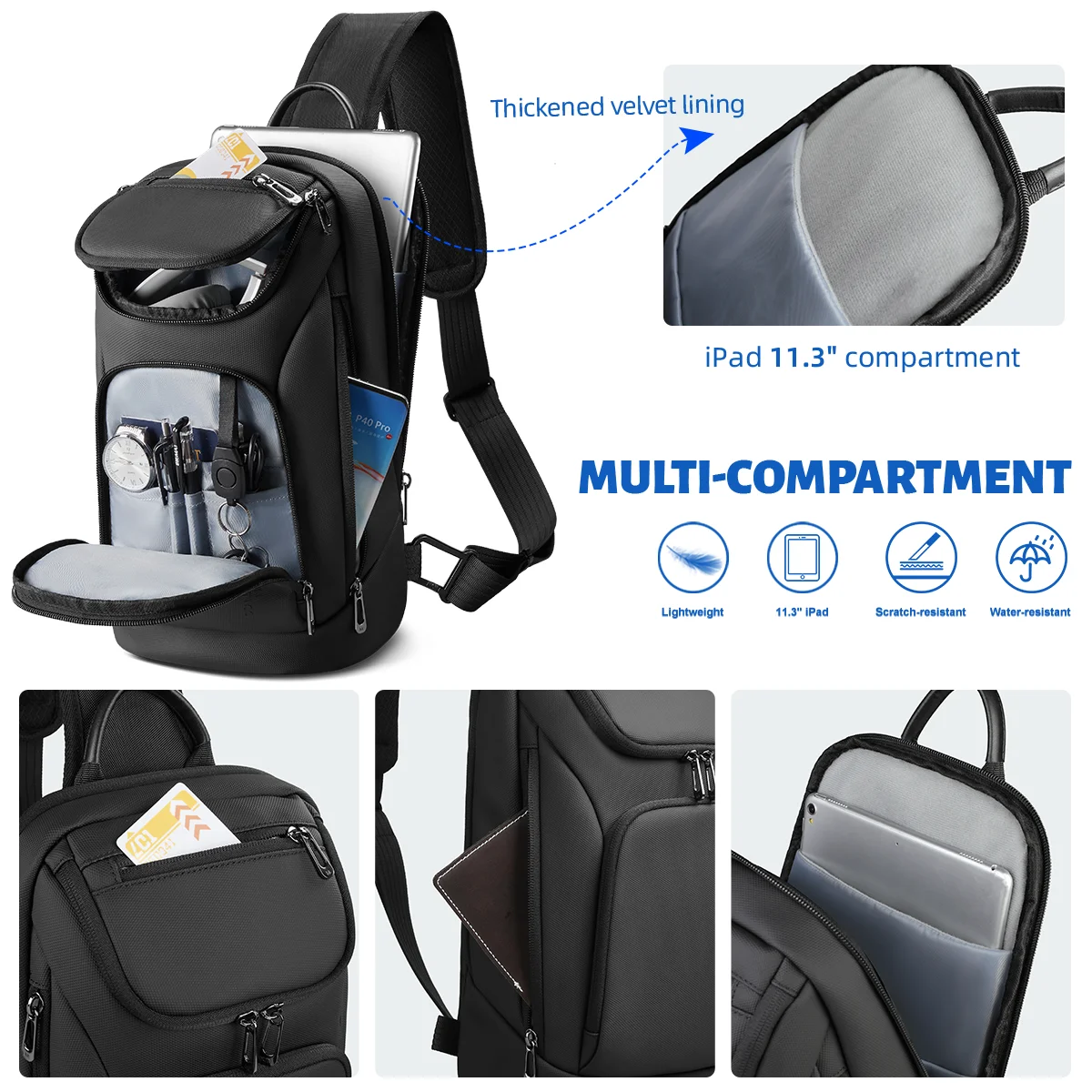 HcanKcan Business Men's Crossbody Bag Trendy Waterproof Chest Bag For 11 inch IPad Multi-Pockets Sport Shoulder Messenger Bags