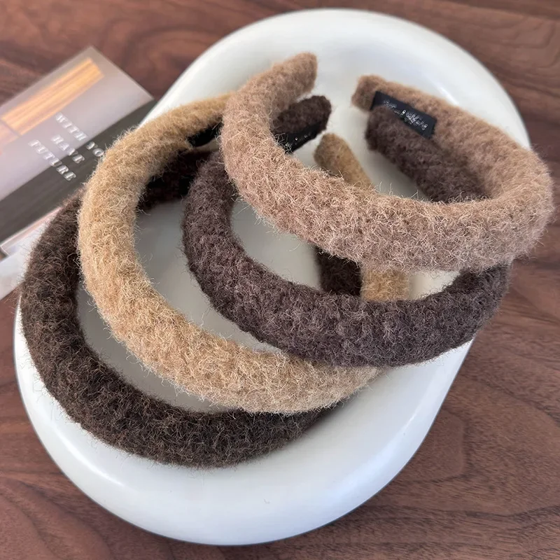 Autumn Winter Coffee Color Plush Headband Wool Sponge Hair Band For Women Girl Simple Elegant Hair Hoop Fashion Hair Accessories