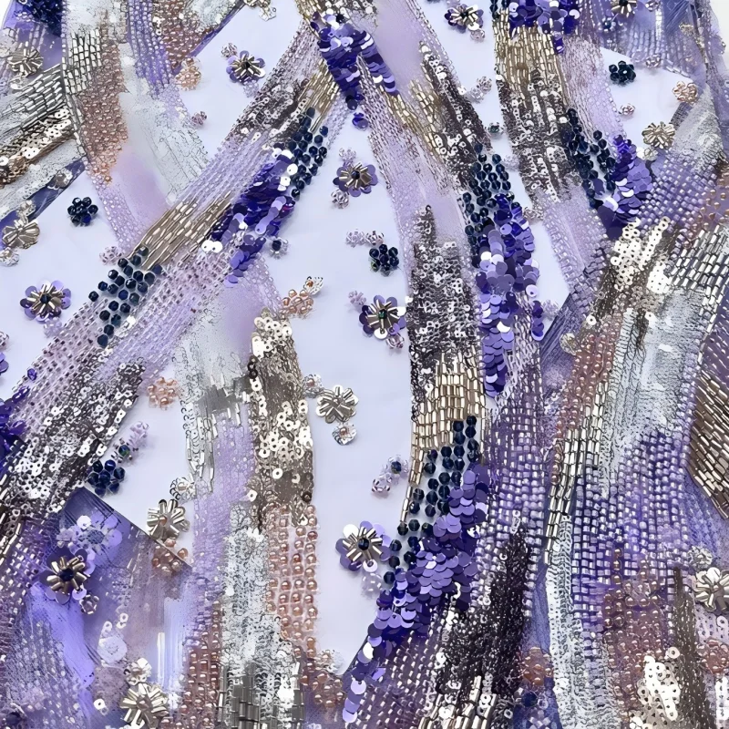 Mesh Lace Fabric With Sequins Beaded Embroidery African French For Wedding Party Dress Sewing Material 5 Yards Tulle Net