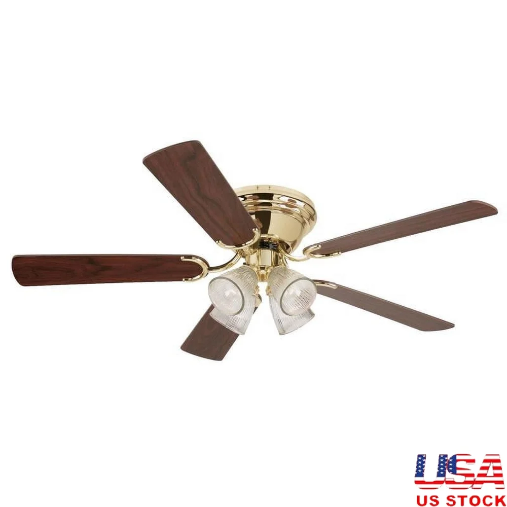 室内シーリングファン 52インチ ポリッシュブラス照明器具 LED電球付き クリアリブガラスシェード 省エネ エアフロー ホーム