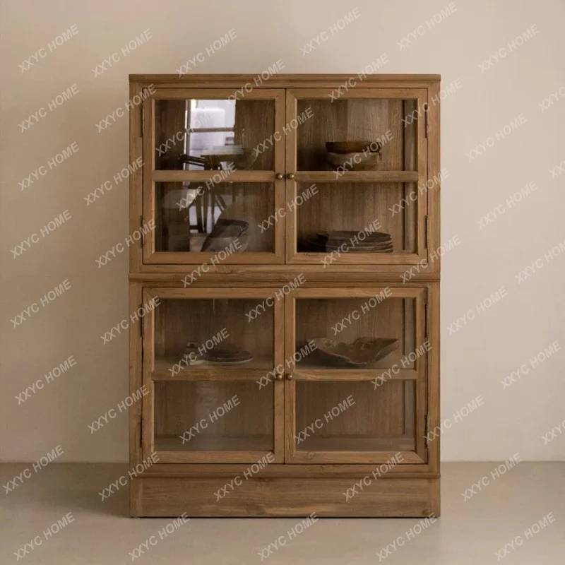 Retro wabi sandy wind solid wood bucket cabinet dining side cabinet household bookcase storage cabinet living room glass