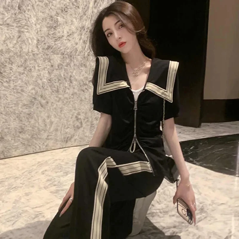 

Online Celebrity Fried Street Leisure Fashion Sports Suit Women's Summer Fashion Age-reducing navy collar short-sleeved wide-leg