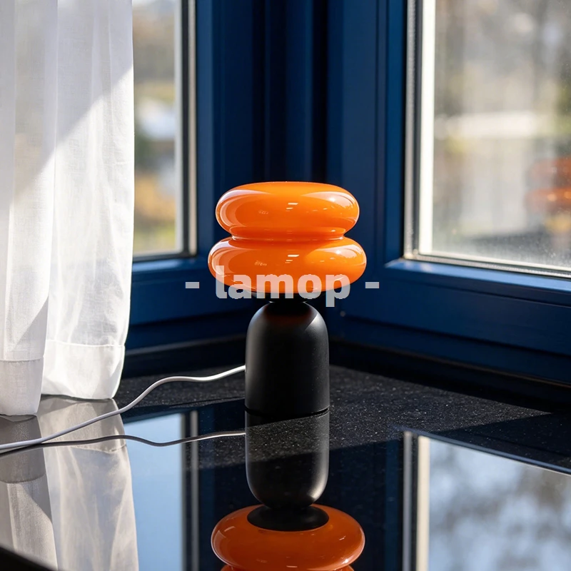 Gloss Orange Double Ellipse Candy Round Short Base Table Lamp Cream Korean 3 Tone Soft Light Photo Frame Bedside Decor Lamp
