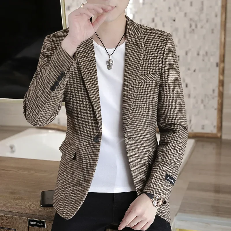 

2023 Brand Men Blazer Personality Wild Men's Suit Jacket High Quality Fashion Plaid Print Slim Fit Warm Blazer Coat