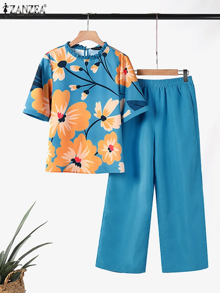 ZANZEA Summer Casual Suit 2PCS Women Pant Sets O Neck 3/4 Sleeve Blouse Trousers Stylish Floral Tracksuits Printed Matching Sets