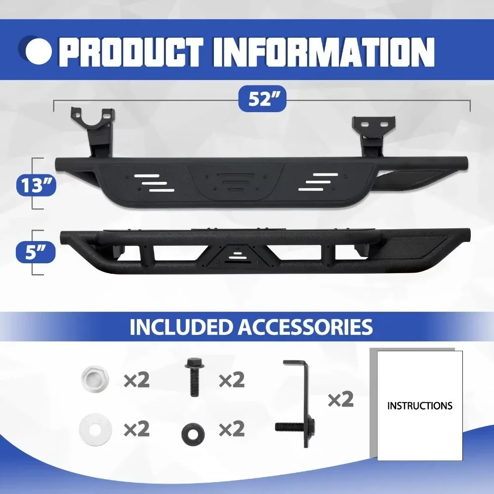 2018-2025 for Wrangler JL 2 Doors Heavy-Duty Black Powder Coated Steel Nerf Bars Side Steps Running Boards