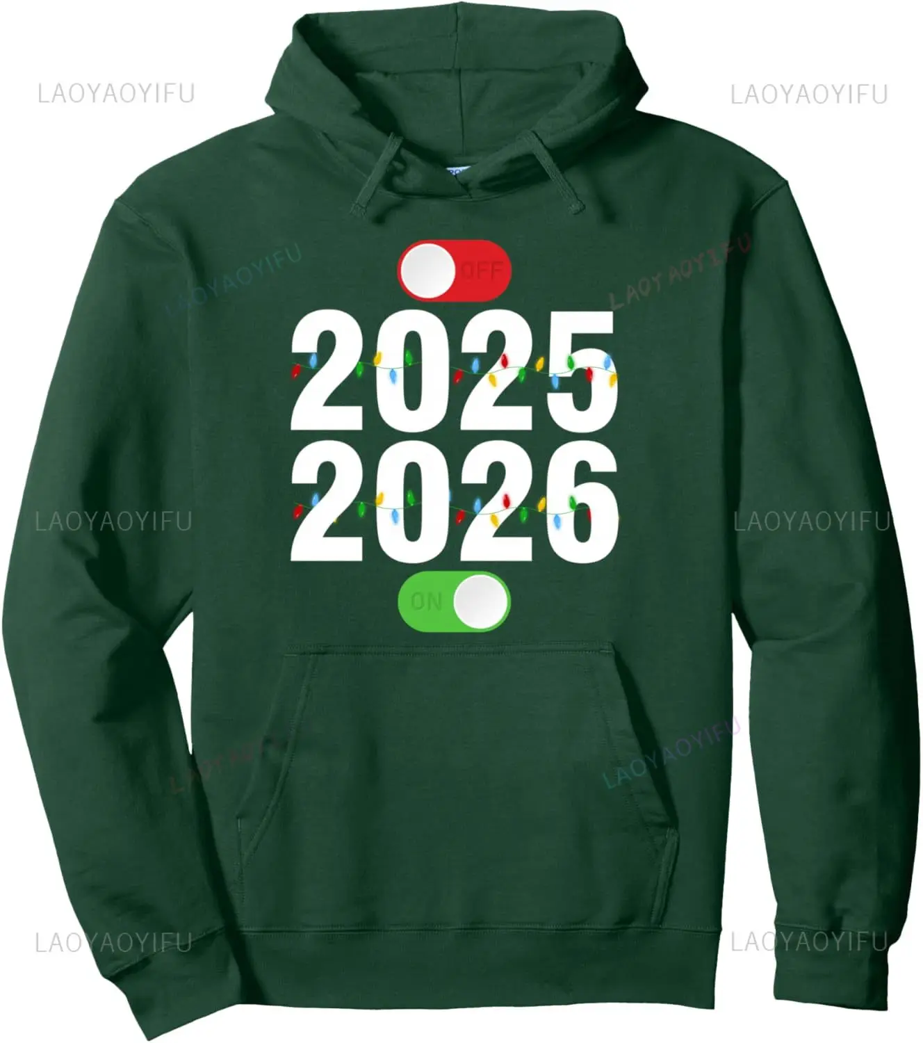 Funny 2025 OFF 2026 ON Christmas Lights Happy New Year 2026 Pullover Hoodie Custom Printed Graphic Hoodie Streetwear Clothing