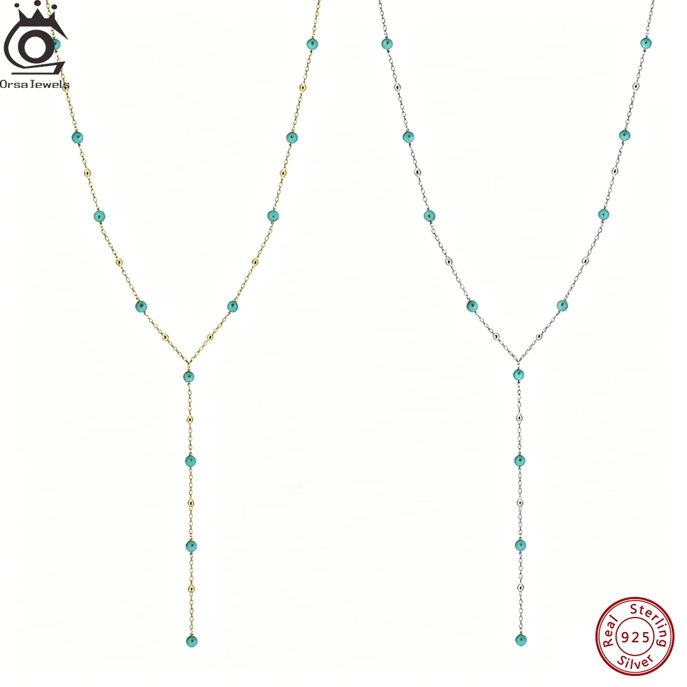 ORSA JEWELS 925 Sterling Silver Y-Shaped Layered Turquoise Necklace for Women Stackable Summer Sexy Jewelry Accessorry BQN34