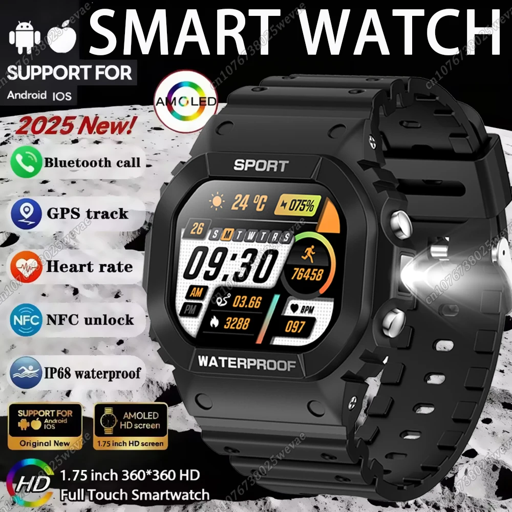 

New Outdoor Flashlight Smart Watch Men Waterproof 1.75 Inch HD Screen Bluetooth Calling 100+ Sports Mode Compass Smartwatch Man