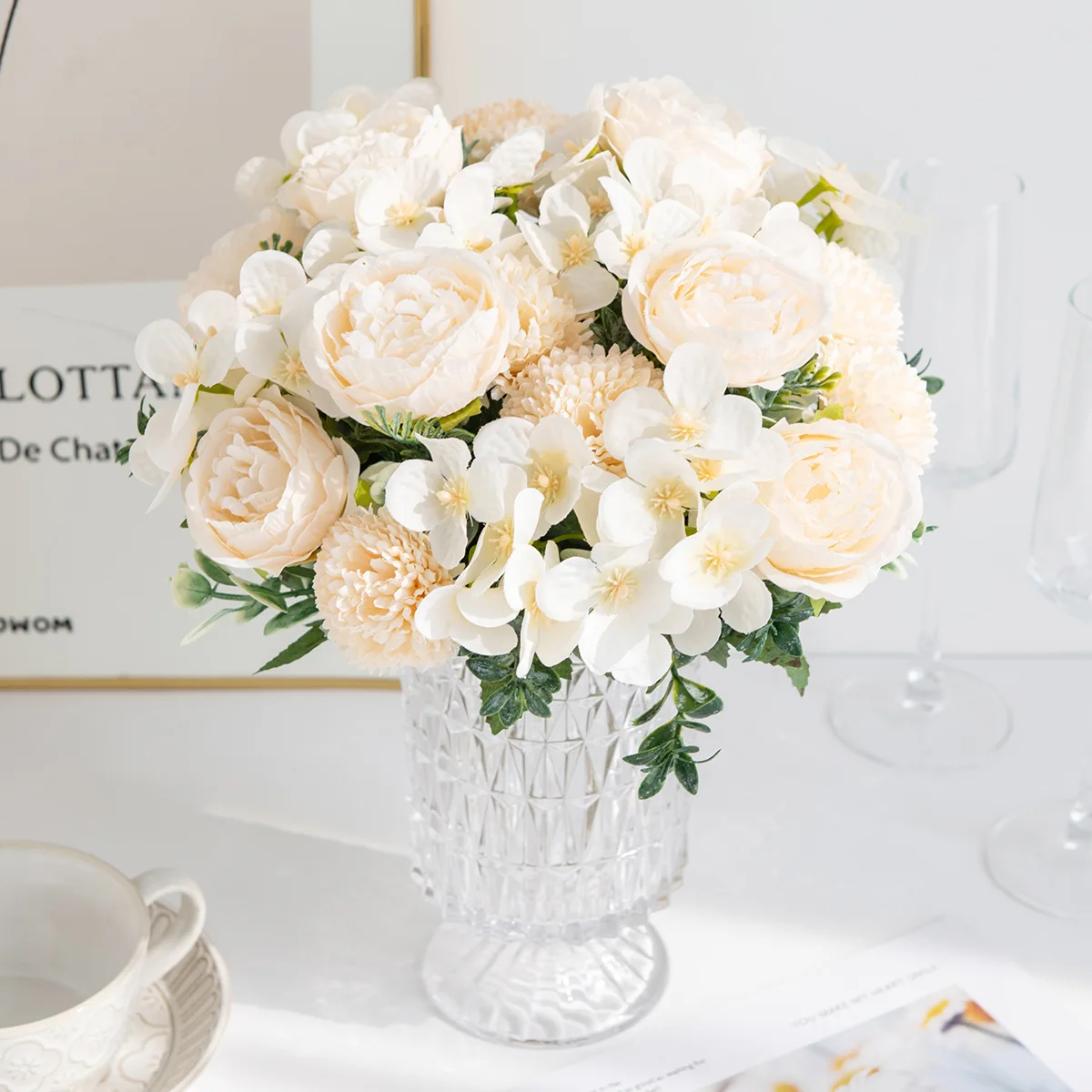 Silk Artificial Peony Realistic Chrysanthemum Bouquet Fake Flower For Wedding Bouquets Home Vases Outdoor Garden Gift Decoration