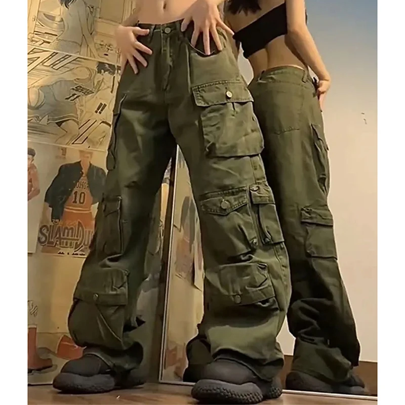 Amerikanischen Vintage Hiphop Cargo Hosen Frauen Multi Tasche Lose Faul Breite Bein Hosen Gerade Casual Straße Gothic Harajuku Hosen
