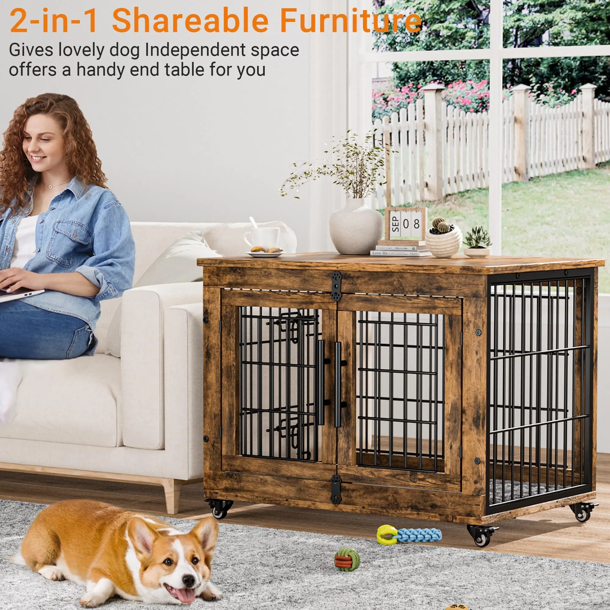 Medium Dog Crate Furniture, 32'' Heavy Duty Kennel w/Cushion & Wheels