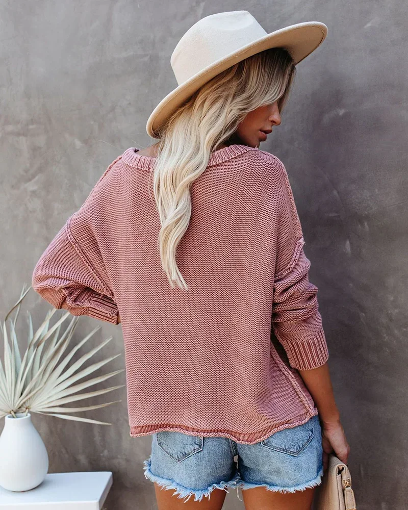 Women Bohemian Holiday Slim Basic Pullover Jumper 2024 Vintage Reverse Sweaters for Female Knitwear Solid Long Sleeve Sweater