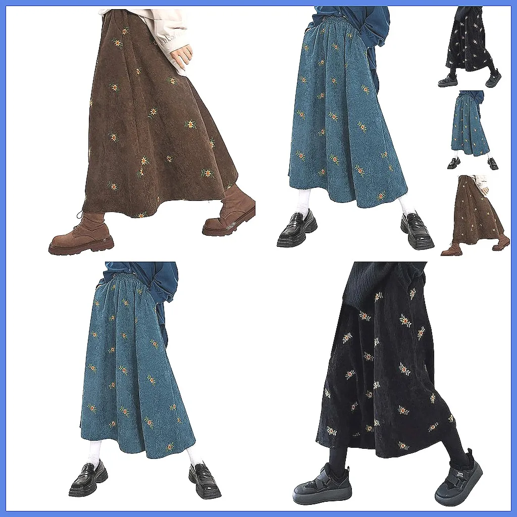 

Retro Brown Corduroy A-Line Skirt, Embroidered Floral Over The Knee Long Skirt for Women