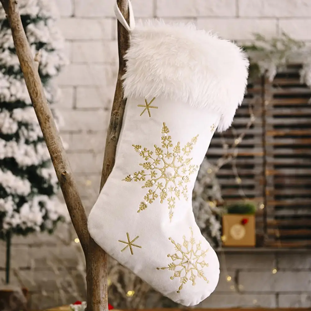 Festive Snowflake Christmas Stocking Snowflake Embroidered Christmas Stockings with Plush Edge Festive Home for Xmas for Family