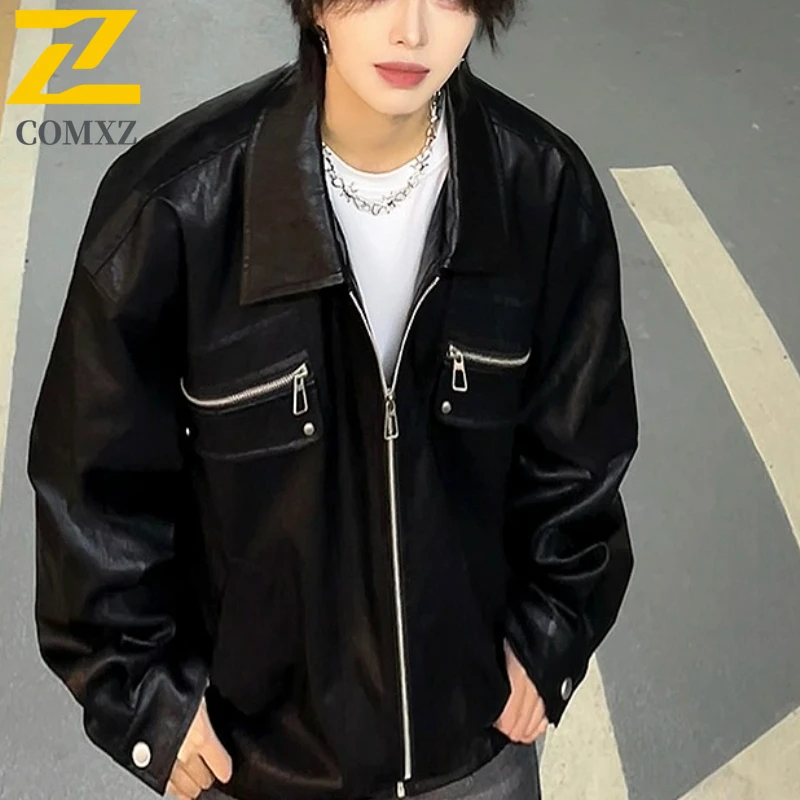 

COMXZ Autumn Men Leather Coat Classic Turndown Collar Mountain Climbing Comfortable Leather Jacket Outdoor Riding Windproof Coat