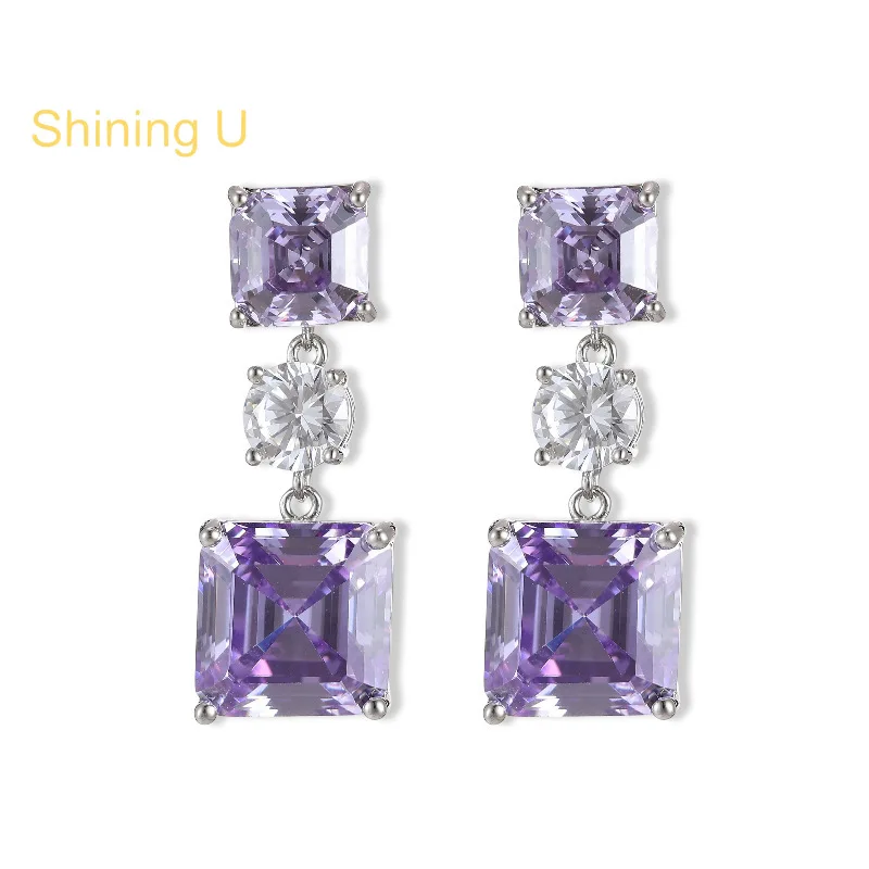 Shining U Square Purple Pink Green Gems Dangle Earrings for Women Fashion Jewelry Summer