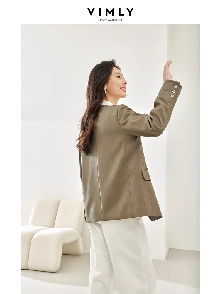 Vimly Women\'s Khaki V-neck Tailoring Blazer Autumn Long Sleeve Elegant Women Straight Jacket 2023 Casual New in Outerwears M3561