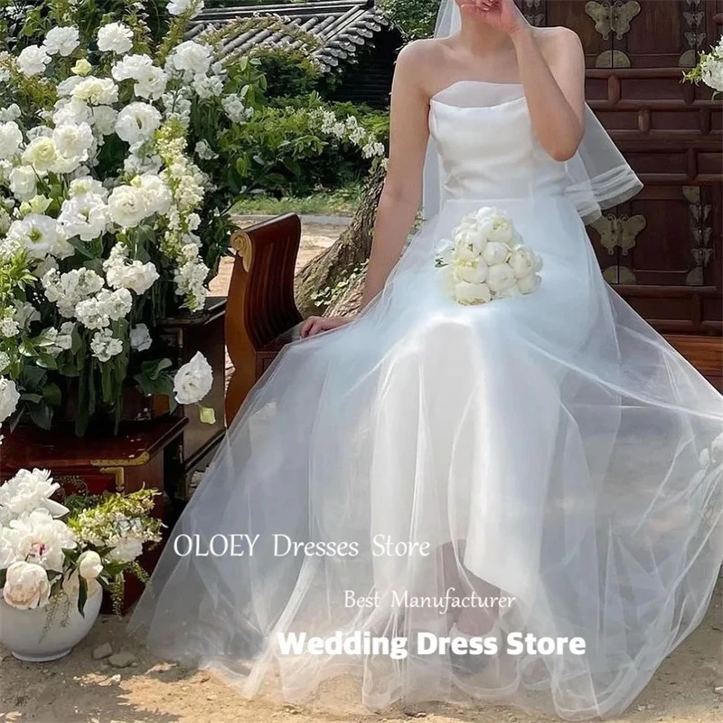 OLOEY Simple Organza Wedding Dresses Strapless Sleeveless A-Line Floor Length Bridal Gowns For Korean Lady Photo Shoot