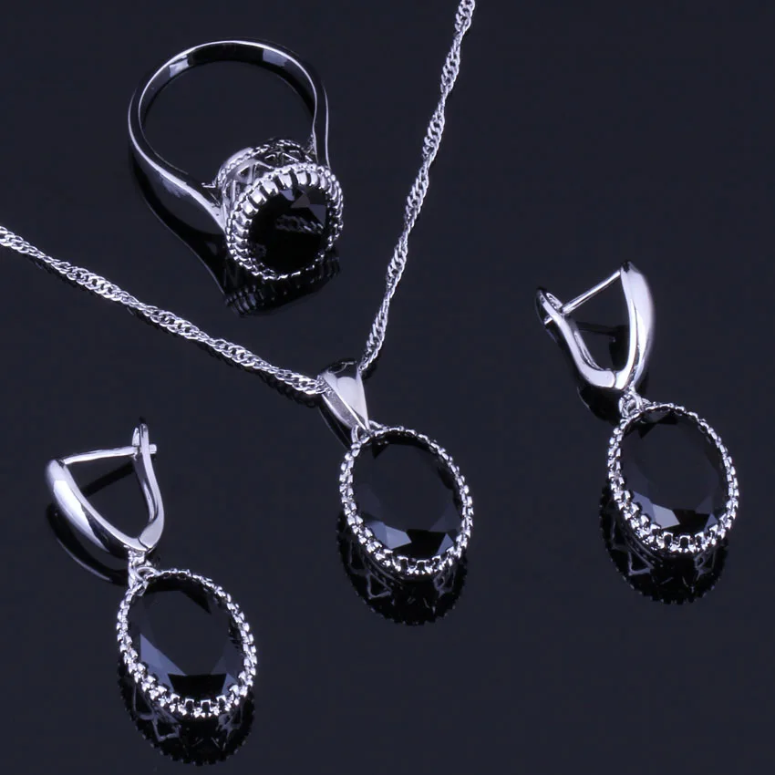 Splendid Black Cubic Zirconia Silver Plated Jewelry Sets Earrings Pendant Chain Ring V0264