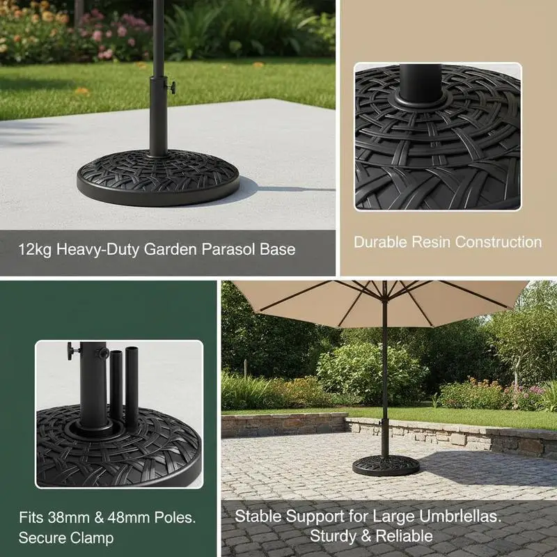 

12kg Garden Parasol Base, Round Resin Garden Umbrella Base, Heavy Duty Parasol Stand for 38mm or 48mm Outdoor Umbrella Poles, Black