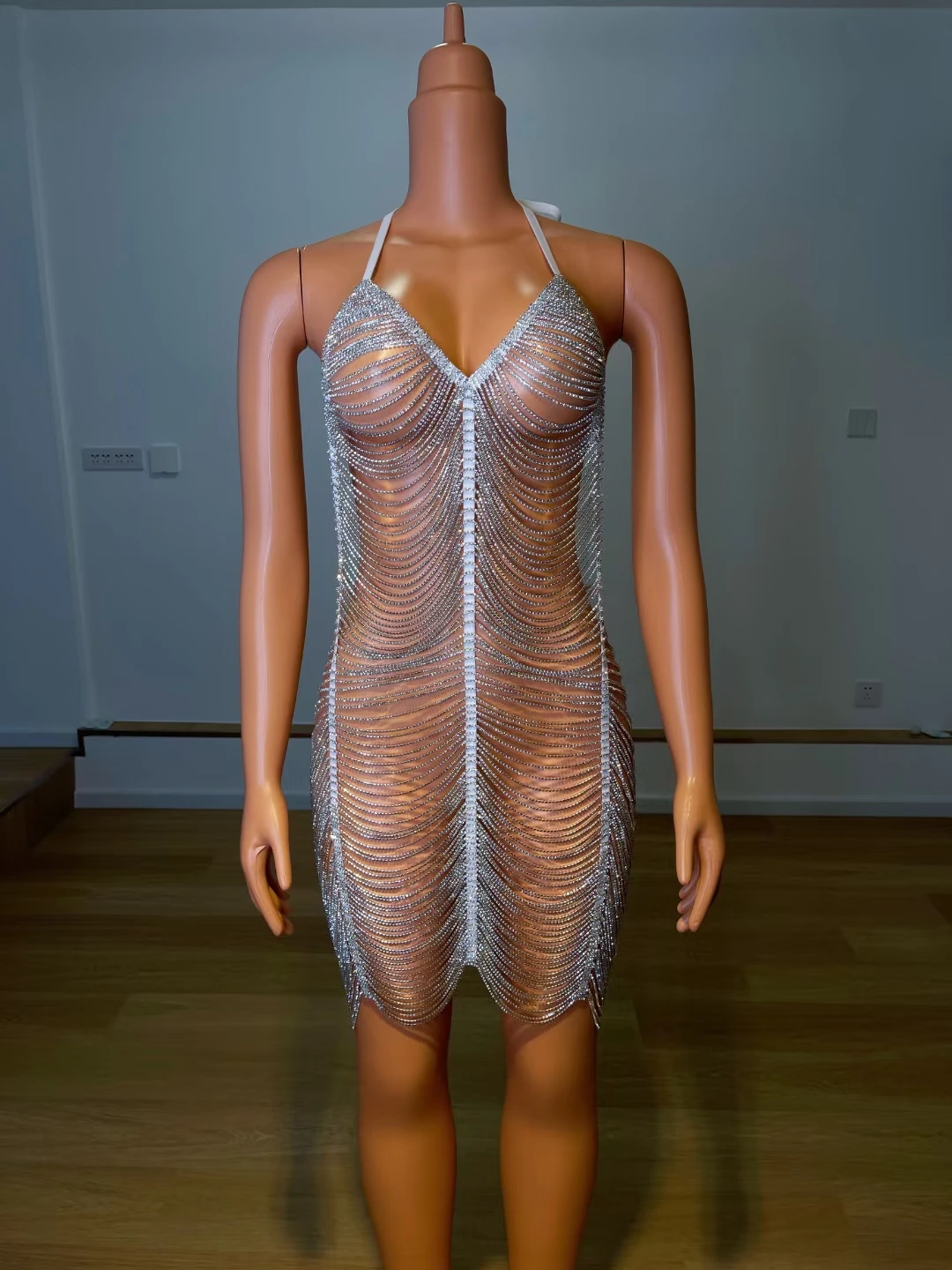 

Sexy See Through Mesh Cocktail Dress Sparkly Rhinestone Long Sleeve Bodycon Mini Dress Women Prom Celebrate Party Outfit Susu