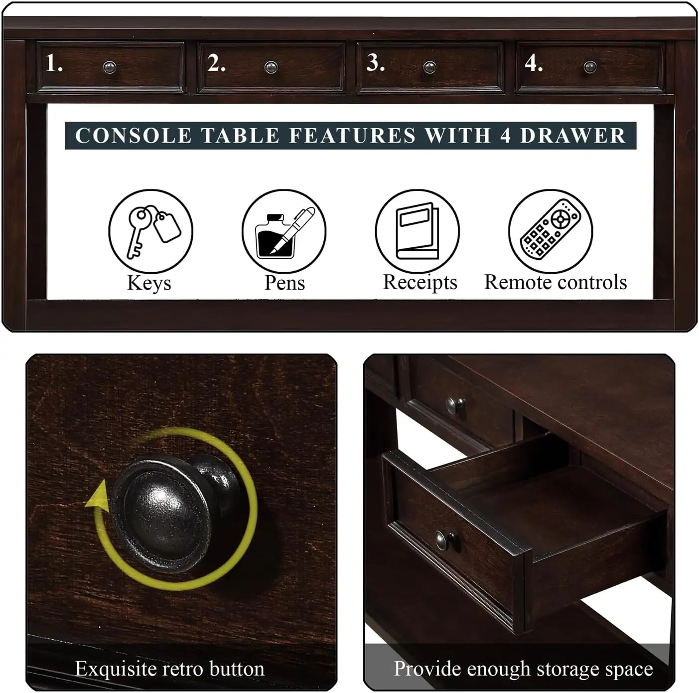 طاولة كونسول خشبية طويلة مع 4 أدراج ، طابقتين ، طاولة مدخل حديثة ، غرفة معيشة ، بهو مطبخ ، 63"