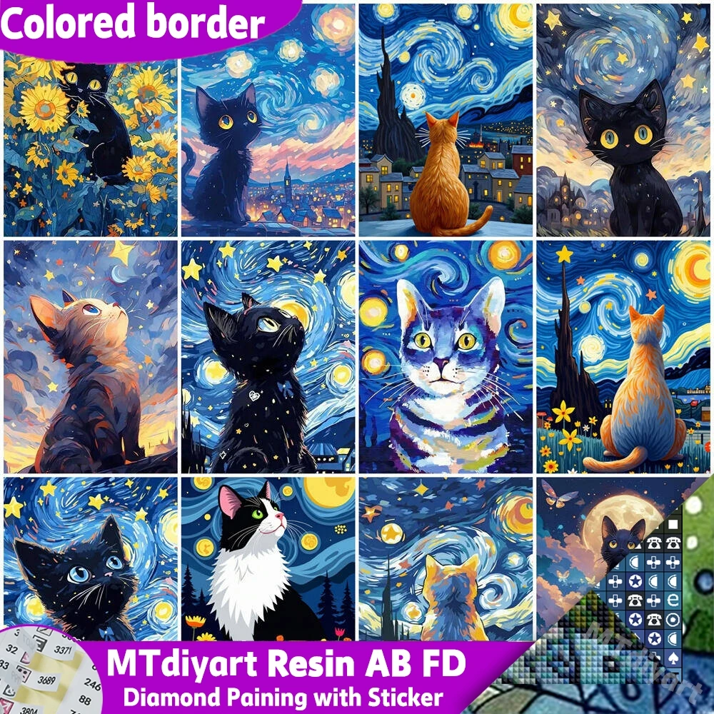 Printed Canvas Border AB FD Resin Diamond Painting Symbol Stickers Van Gogh Starry Sky Cat Full Drill Pet Artwork Ornament