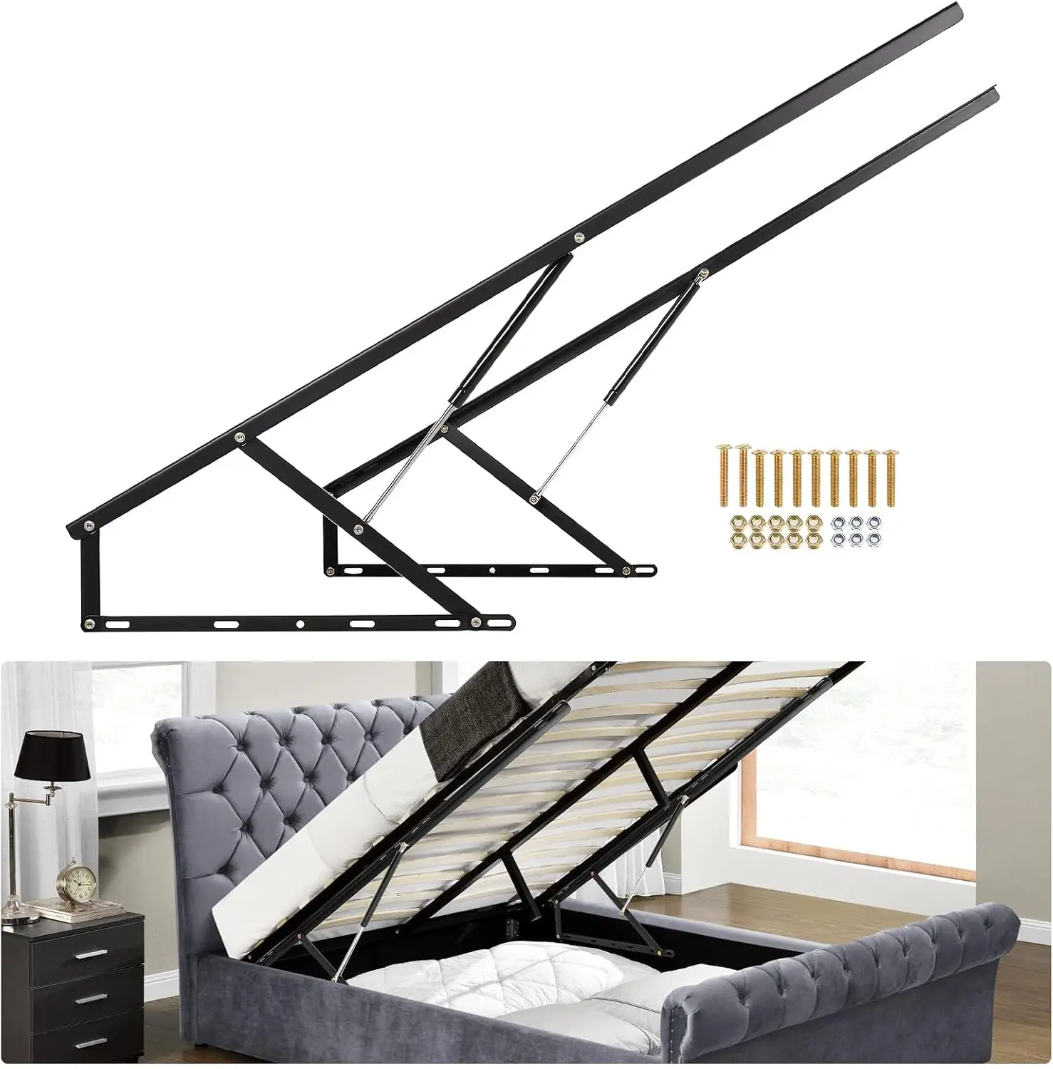 4.6 FT Bed Lift Mechanism, 176-264 lbs Load Capacity | Hydraulic Bed Lifting Set, Gas Spring, Heavy Duty for Storage Box Bed