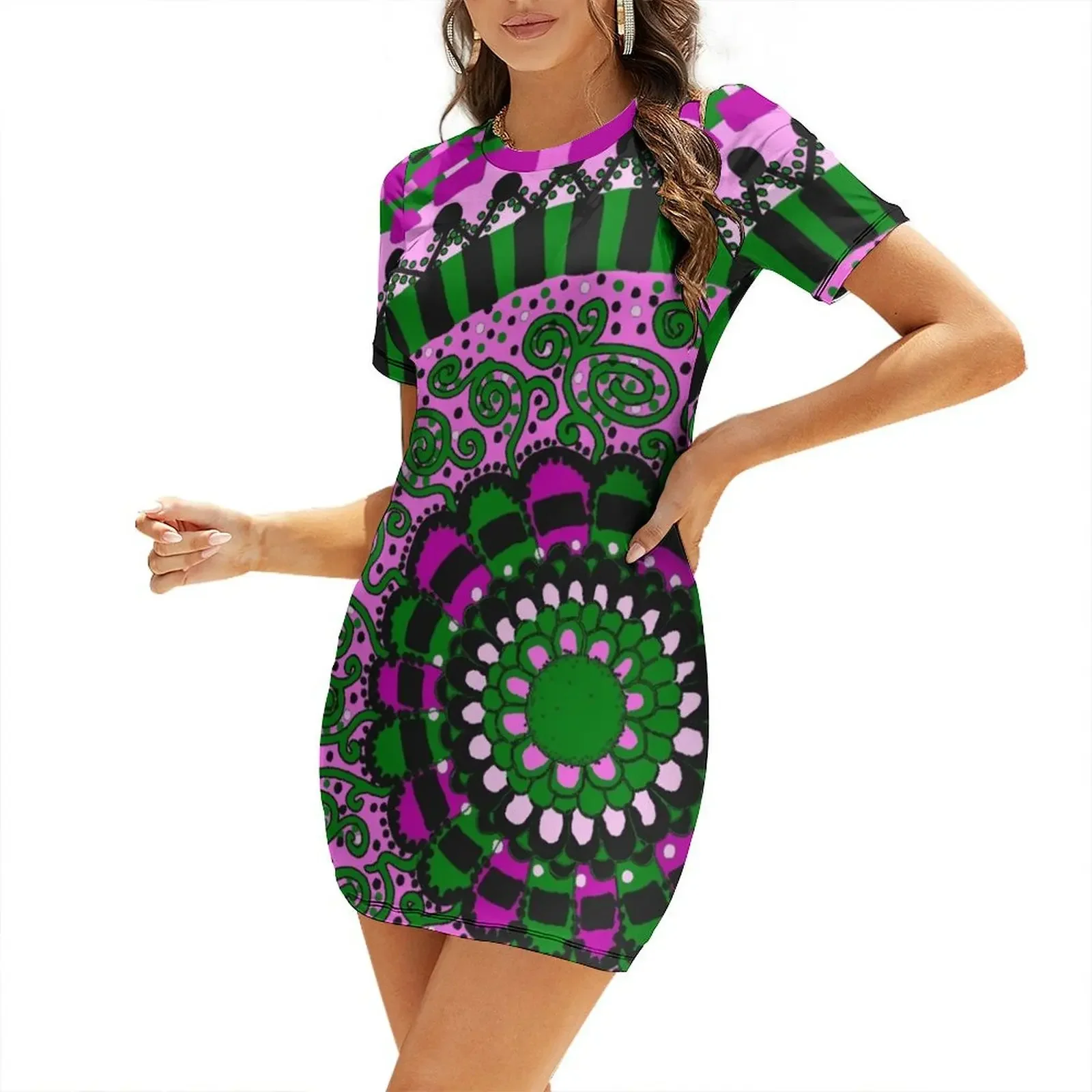 

Pink and Green Mandala Short-Sleeved Dress prom dress women's summer clothing 2025 Dress