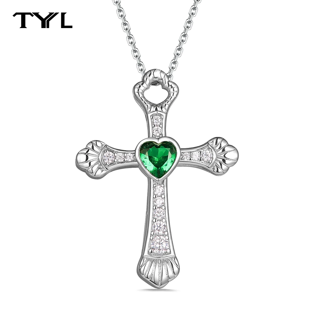 

TYYL 0.5 Carats Heart Moissanite Cross Pendant Lab Grown Sapphire Ruby Emerald Gold Plated S925 Silver Necklace Gemstone Jewelry