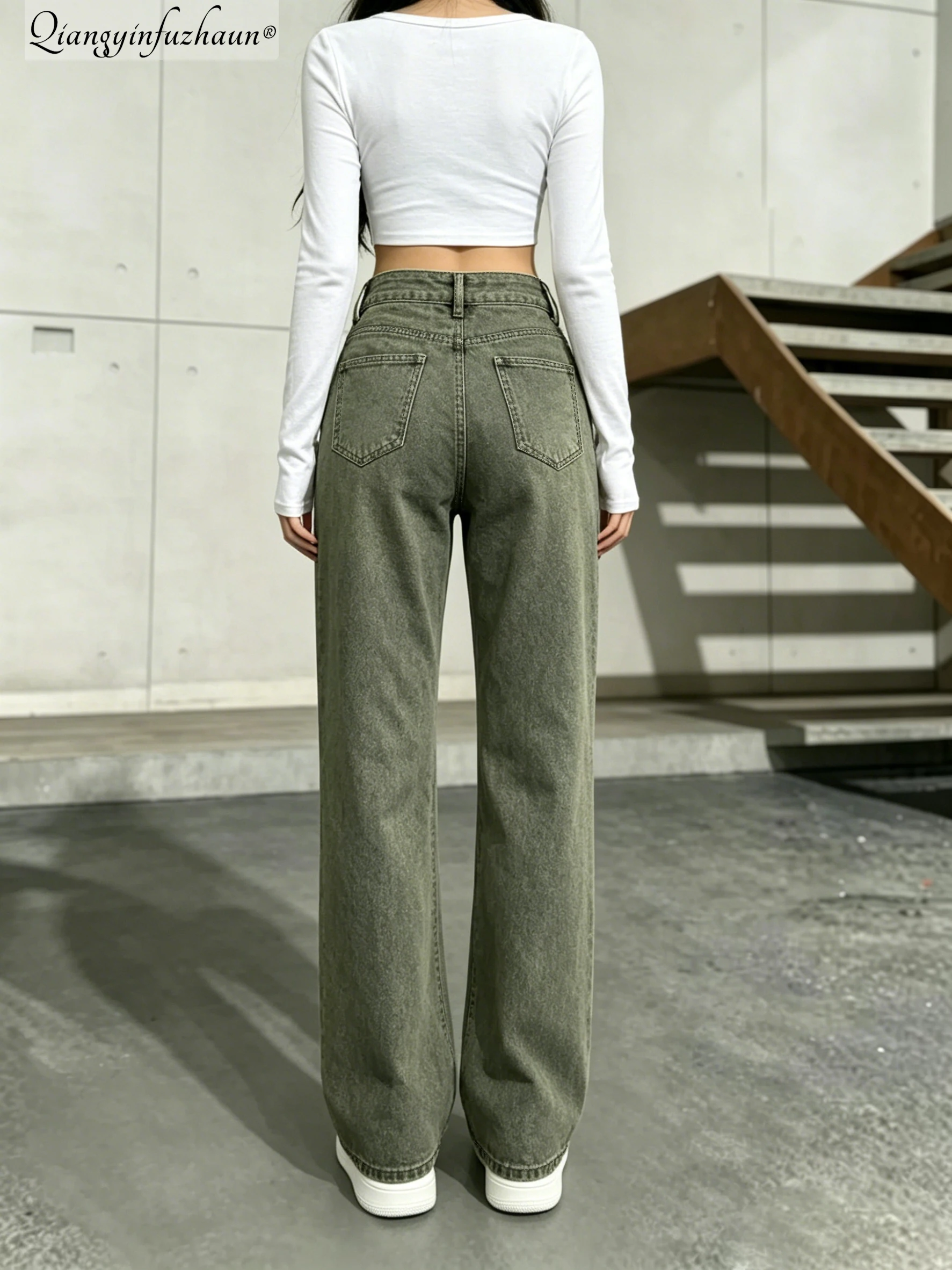 Lazy and relaxed water-washed military green denim straight-leg pants - women's loose-fitting pants that flatter the figure and