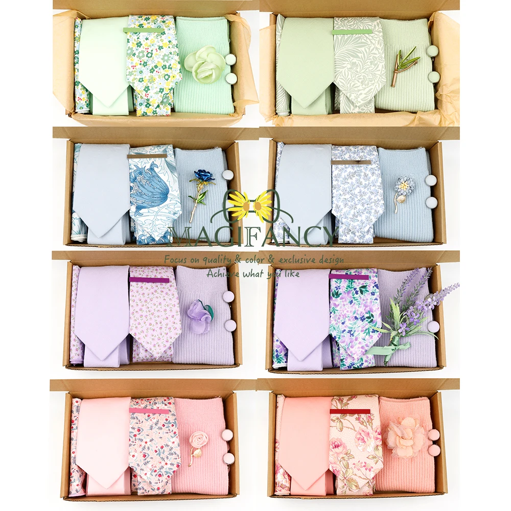

MAGIFANCY No.N46～N53 Solid&Floral 7 PCS Cotton Tie Sock Set Gift Box Hanky Clip Pin Cufflinks Men Wedding Cravat Top Accessory