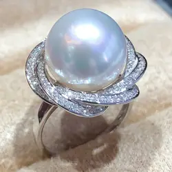 huge  AAAAA++++ 11-12mm New Genuine Natural akoya  round Pearl Ring 925S Adjust gift box