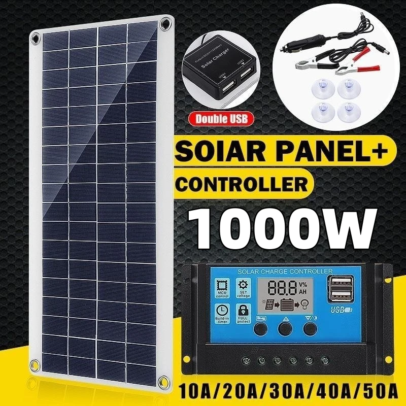 Panel surya 1000W sel surya 12V, 10A-100A pengontrol pelat surya Kit untuk telepon RV mobil karavan rumah berkemah baterai luar ruangan